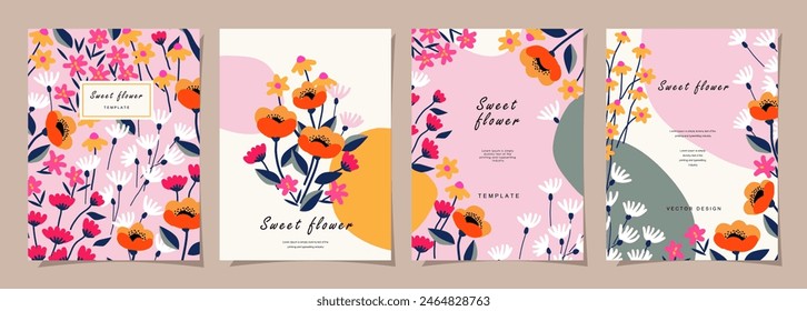 Floral template set for poster, card, cover, label, banner, background in modern minimalist style and simple summer design templates with flowers and plants.