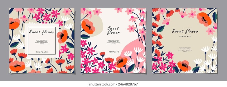 Floral template set for poster, card, cover, label, banner, background in modern minimalist style and simple summer design templates with flowers and plants.