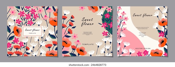 Floral template set for poster, card, cover, label, banner, background in modern minimalist style and simple summer design templates with flowers and plants.
