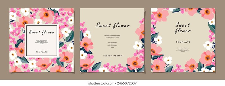 Floral template set for poster, card, cover, label, banner, background in modern minimalist style and simple summer design templates with flowers and plants.