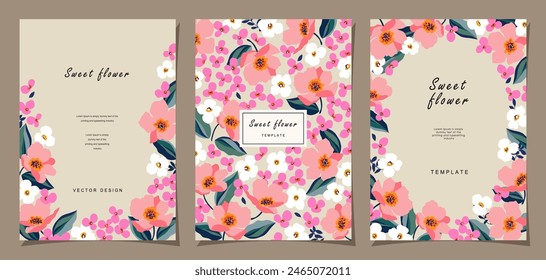 Floral template set for poster, card, cover, label, banner, background in modern minimalist style and simple summer design templates with flowers and plants.