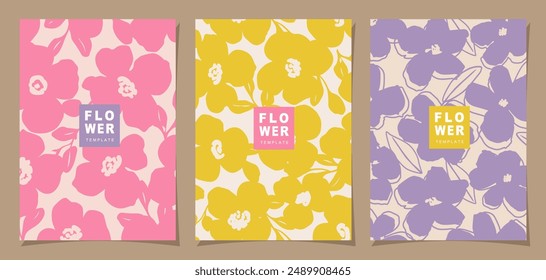Floral template set for poster, card, cover, label, banner in modern minimalist style and simple summer design background with flowers and plants.
