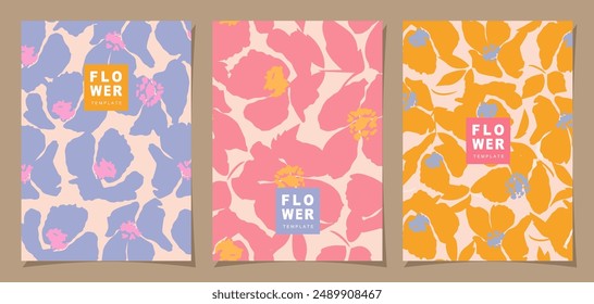 Conjunto de Plantilla floral para póster, tarjeta, cubierta, etiqueta, Anuncio en estilo minimalista moderno y fondo de diseño de verano simple con flores y plantas.