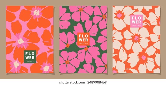 Floral template set for poster, card, cover, label, banner in modern minimalist style and simple summer design background with flowers and plants.