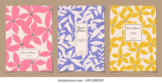 Conjunto de Plantilla floral para póster, tarjeta, cubierta, etiqueta, Anuncio en estilo minimalista moderno y fondo de diseño de verano simple con flores y plantas.