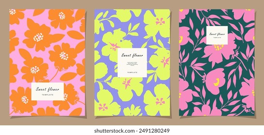 Floral template set for poster, card, cover, label, banner in modern minimalist style and simple summer design background with flowers and plants.