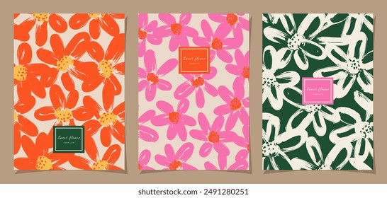 Conjunto de Plantilla floral para póster, tarjeta, cubierta, etiqueta, Anuncio en estilo minimalista moderno y fondo de diseño de verano simple con flores y plantas.