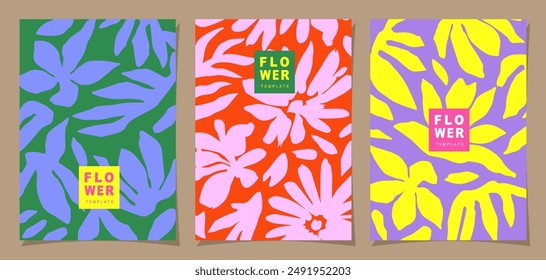 Conjunto de Plantilla floral para póster, tarjeta, cubierta, etiqueta, Anuncio en estilo minimalista moderno y fondo de diseño de verano simple con flores y plantas.