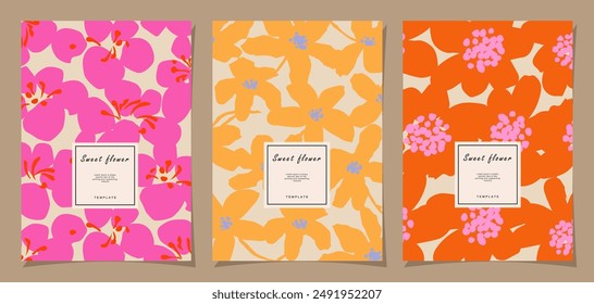 Conjunto de Plantilla floral para póster, tarjeta, cubierta, etiqueta, Anuncio en estilo minimalista moderno y fondo de diseño de verano simple con flores y plantas.