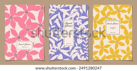 Floral template set for poster, card, cover, label, banner in modern minimalist style and simple summer design background with flowers and plants.