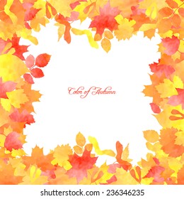 Floral template with silhouettes of autumn leaves painted by watercolor, vector illustration