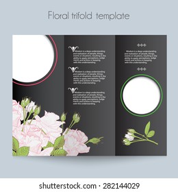 Floral template & tri-fold & mock up for brochure, menu, wedding, birthday card, valentin's day. Vector hand drawn illustration of roses in vintage technique on black background.