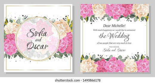 Floral template for a wedding invitation. A border of peony flowers, eucalyptus, green leaves and plants. Greeting card. 