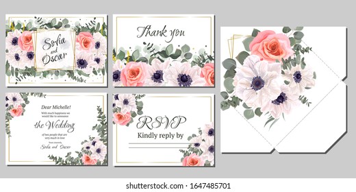 Floral template for a wedding invitation. A border of white anemones, pink roses, eucalyptus, green leaves and plants. Greeting card. Wedding envelope template. Postcard, rsvp, thank you.