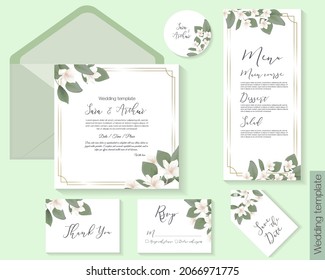 Plantilla floral para invitación a la boda. Flores de cerezo, magnolia blanca, sakura, ramas con hojas y flores. En el juego, tarjeta de invitación, postal redonda, etiqueta, menú, gracias, rsvp.