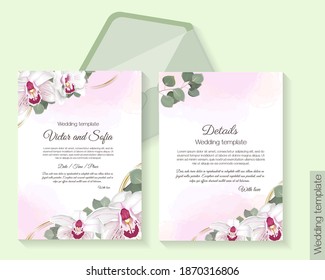Floral template for wedding invitation. Pink royalty ohrchid, round golden figures, eucalyptus.