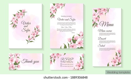 Floral template for wedding invitation. Pink delicate sakura, magnolia, watercolor background. Card invitation, rsvp, thank you, menu.