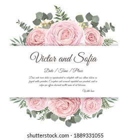 Floral Template For Wedding Invitation. Pink Roses, Eucalyptus, Green Plants And Leaves.