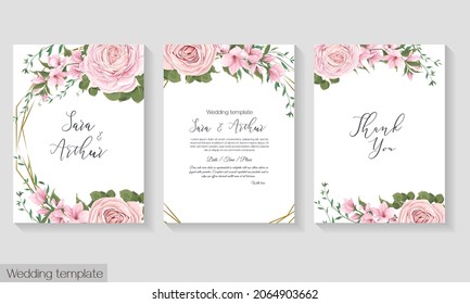 Floral template for wedding invitation. Pink roses, sakura, magnolia, green plants and flowers, gold polygonal frame.