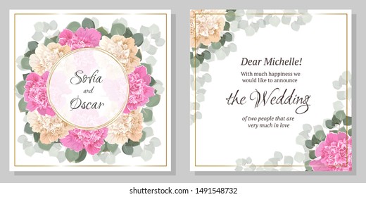 Floral template for a wedding invitation. Round frame made of peony flowers, eucalyptus, green leaves and plants. Greeting card. 