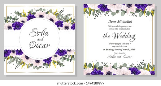 Floral template for a wedding invitation. Round openwork frame, blue and white anemones, eucalyptus, green leaves and plants. Greeting card.