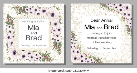 Floral template for a wedding invitation. Square pearl frame, white anemones, eucalyptus, green plants and leaves, berries. Template for a greeting card.