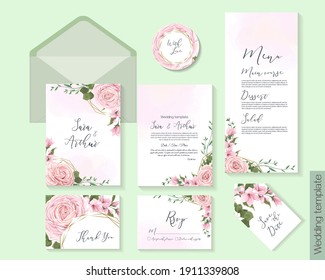 Floral template for wedding invitation. Square invitation card, menu, rsvp, thank you, round card. Pink roses, sakura, magnolia, green plants and flowers, gold polygonal, frame, watercolor.Floral temp