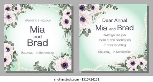 Floral template for a wedding invitation. White anemones, eucalyptus, green plants and leaves, square pearl frame. Template for a greeting card.