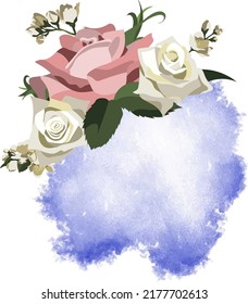 Floral template with white and pink roses, jasmine and greenery on watercolor styled purple background