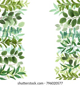 Floral template wich herb and bushes branches with leaves in watercolor style. Greenery botanical mock up vertical double borders with text place for invite, greeting, birthday card and covers.