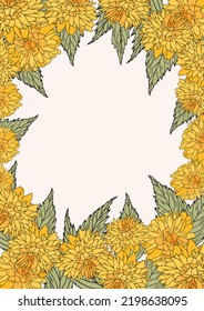 Floral template with yellow kerria japonica flower on beige background. Vintage border with lush botanical bouquet