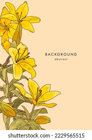 Floral template with yellow lilies on beige background. Vertical poster with vintage lily flower