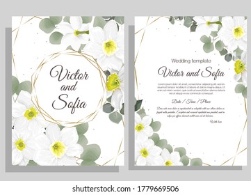 Floral template for your wedding. Beautiful white daffodils, green plants and leaves, Gold polygonal frame. Greeting card for your text.