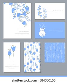 Floral templates with cute bunches of bluebells. For romantic design, announcements, greeting cards, posters, advertisement.