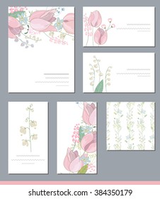 Floral templates with cute bunches of pink tulips and wild flowers. For romantic, spring and easter  design, announcements, greeting cards, posters, advertisement.