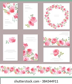 Floral templates with cute bunches of red roses. For romantic and wedding design, announcements, greeting cards, posters, advertisement.