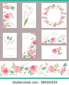 Floral templates with cute bunches of red roses. For romantic and wedding design, announcements, greeting cards, posters, advertisement.