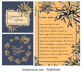 Floral  templates with  hand drawn  flowers. Yellow and dark blue