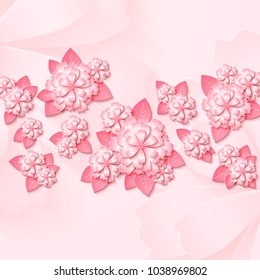 Floral tender background with 3d cut out paper pink flowers with leaves. Vector illustration
