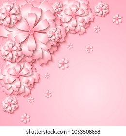 Floral tender background with 3d cut out paper pink flowers. Vector illustration