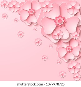 Floral tender background with 3d cut out paper pink flowers. Vector illustration