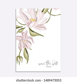 Floral tender soft magnolia vector illustration. Wedding invitation card template design, pink peony flowers and calla lily isolated on white. Save the date botanical card.