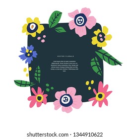 Floral text circle frame hand drawn flat layout. Decorative round border with vector blossom. Flowers, leaves cartoon illustration with copyspace. Greeting card, invitation design element