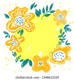 Floral text circle frame hand drawn flat layout. Decorative round border with vector blossom.  Postcard, invitation design