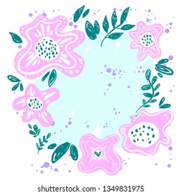 Floral text circle frame hand drawn flat layout. Decorative round border with vector blossom.  Postcard, invitation design