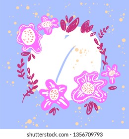 Floral text circle frame hand drawn flat layout. Decorative round border with vector blossom.  Postcard, invitation design