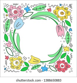Floral text circle frame hand drawn flat layout. Decorative round border with vector blossom. Flowers, leaves cartoon illustration with copyspace. Greeting card, invitation design element - Vector