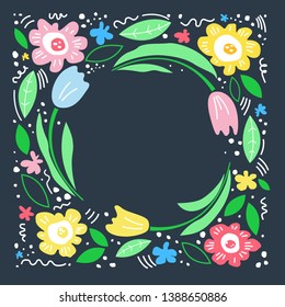 Floral text circle frame hand drawn flat layout. Decorative round border with vector blossom. Flowers, leaves cartoon illustration with copyspace. Greeting card, invitation design element - Vector