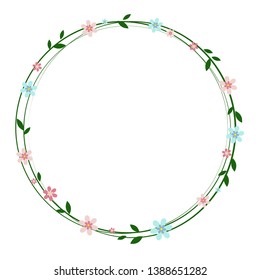 Floral text circle frame hand drawn flat layout. Decorative round border with vector blossom. Flowers, leaves cartoon illustration with copyspace. Greeting card, invitation design element - Vector