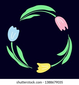 Floral text circle frame hand drawn flat layout. Decorative round border with vector blossom. Flowers, leaves cartoon illustration with copy space. Greeting card, invitation design element - Vector
